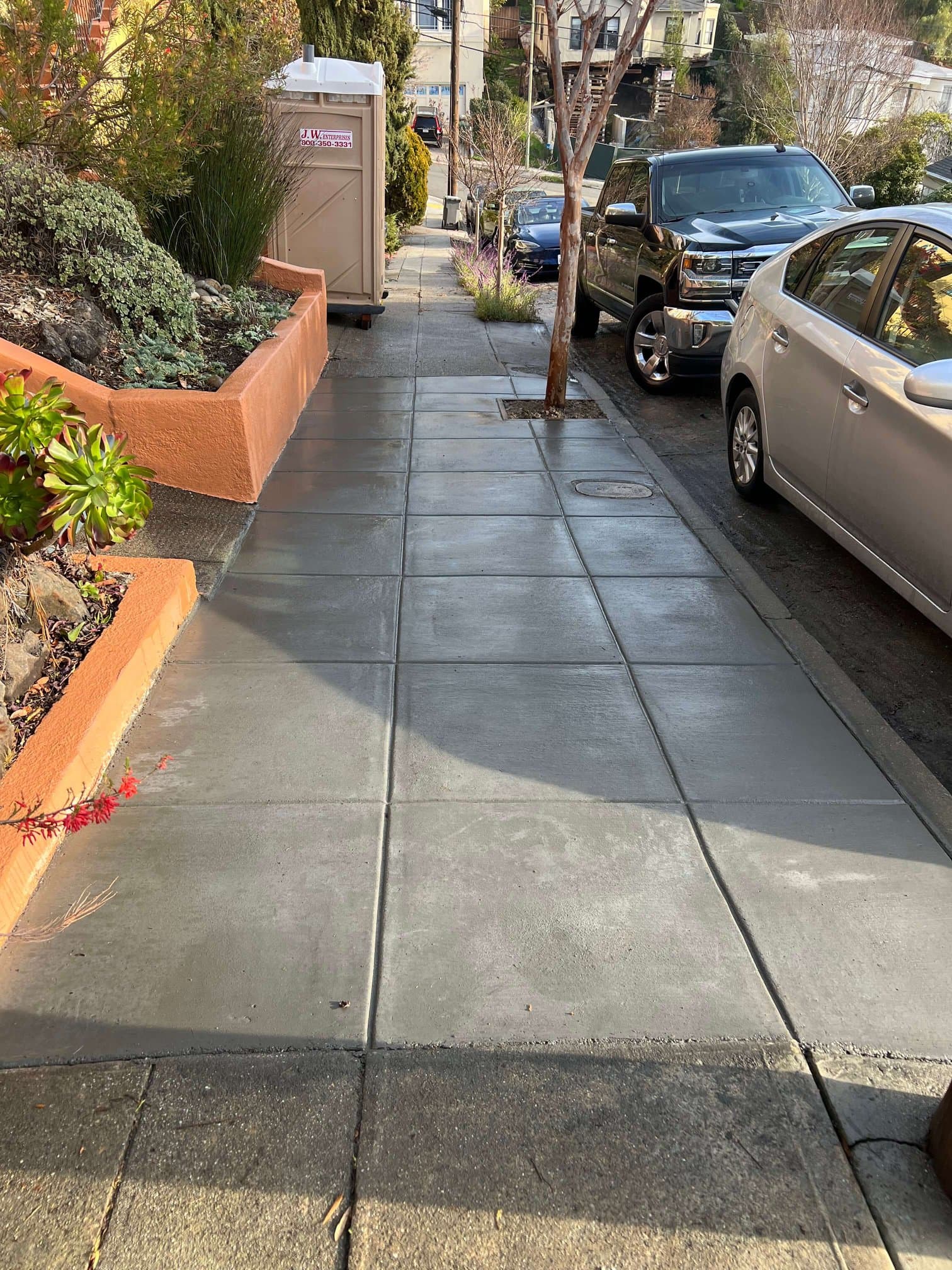 Finished concrete sidewalk panels along a planted terrace